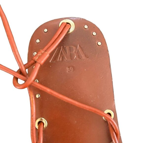 Zara Strappy Low Heel Leather Sandals Size 8.5 EU 39 Cognac Brown - Picture 7 of 11